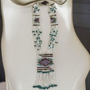 Native‎ American White Turquoise and Purple Beaded Long Dangle Necklace